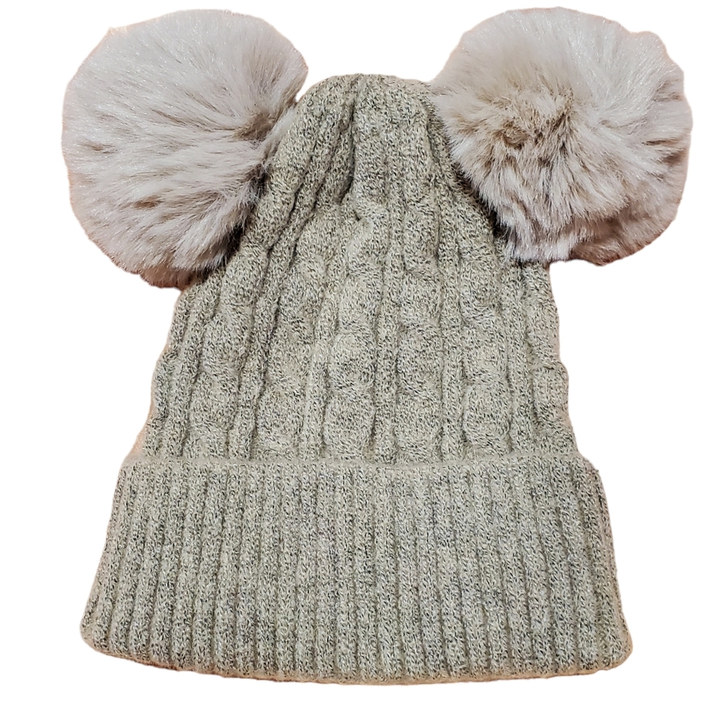 Very light tan knit two pom hat